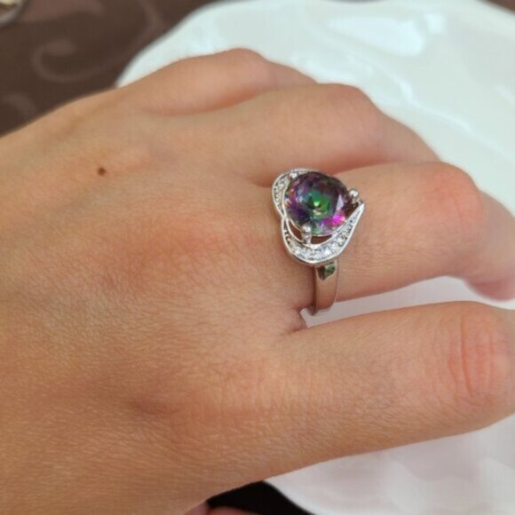 Vintage Boho Sterling Silver Mystic Topaz Heart Ring Size 8 - Picture 4 of 8